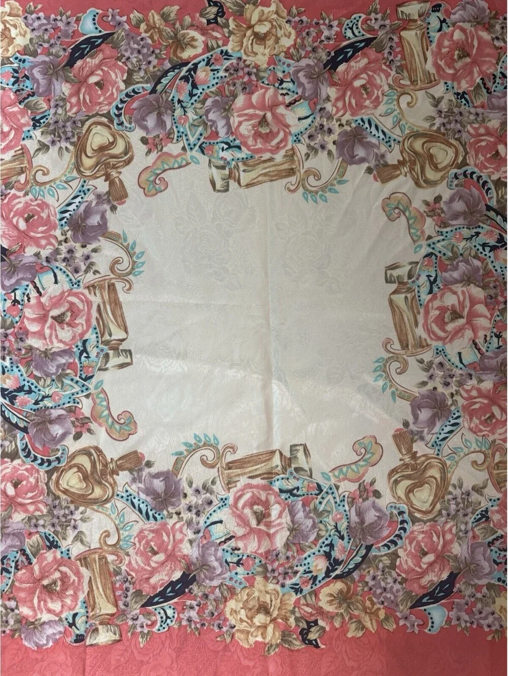 Ornate Perfume Bottle Flower Pattern Large Square Scarf Coral Cream 35x35